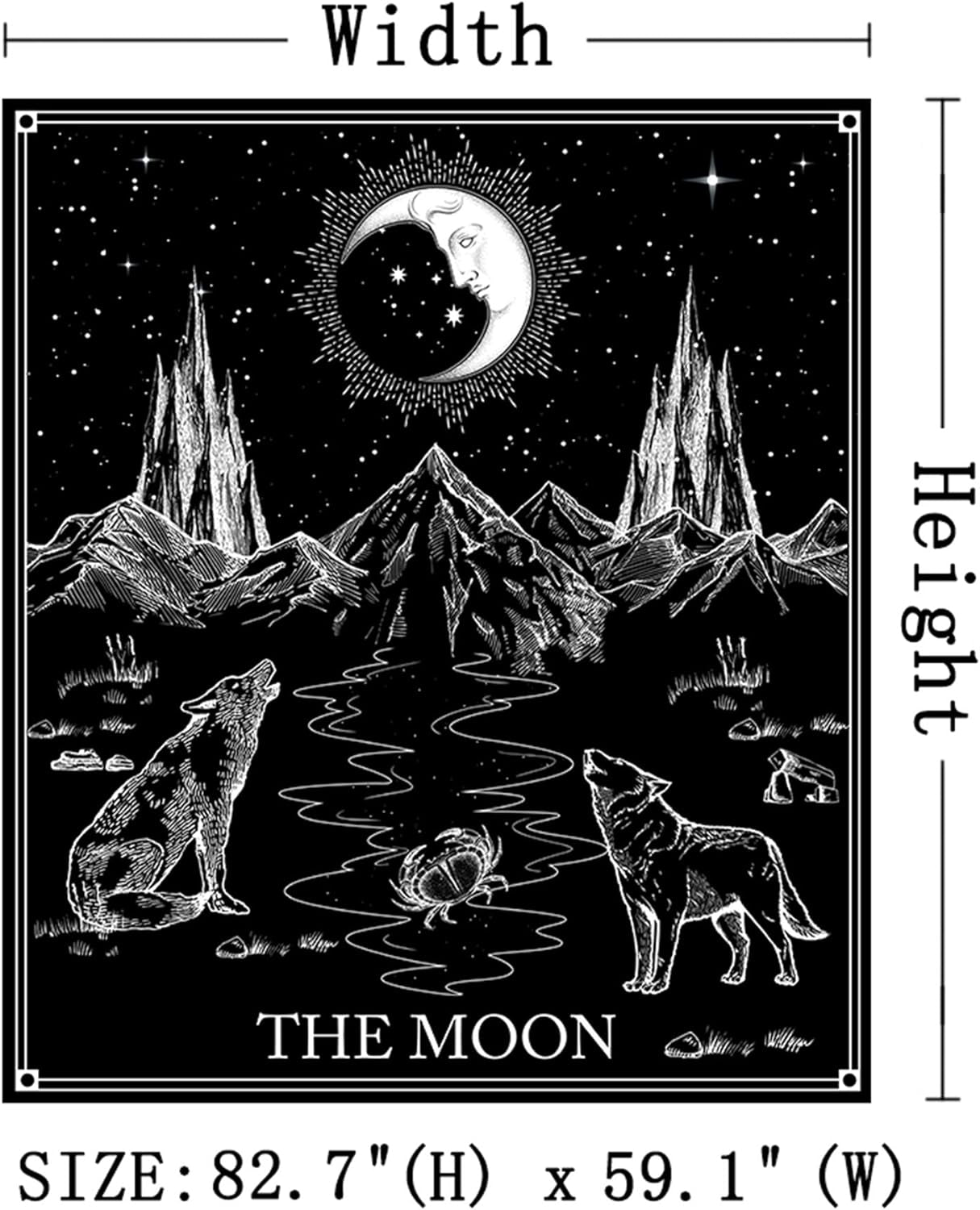 Aesthetic Tarot Card Tapestry Wall Hanging Black and White Tapestry Gothic Wolf and Moon Wall Tapestry for Dorm Room Decorations, 59" X 83"