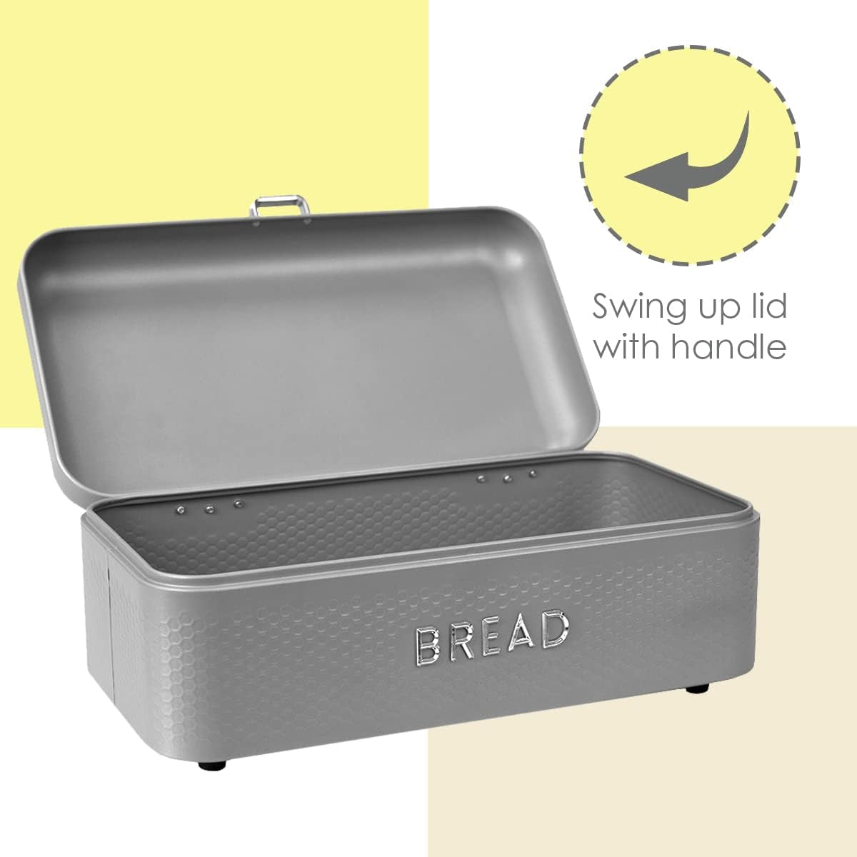 Soho Bread Box for Kitchen Countertop, Metal, (Grey), Vented with Hinge Top | Large Bread Box | Keeps Loaves, Bagels, Croissants Fresh