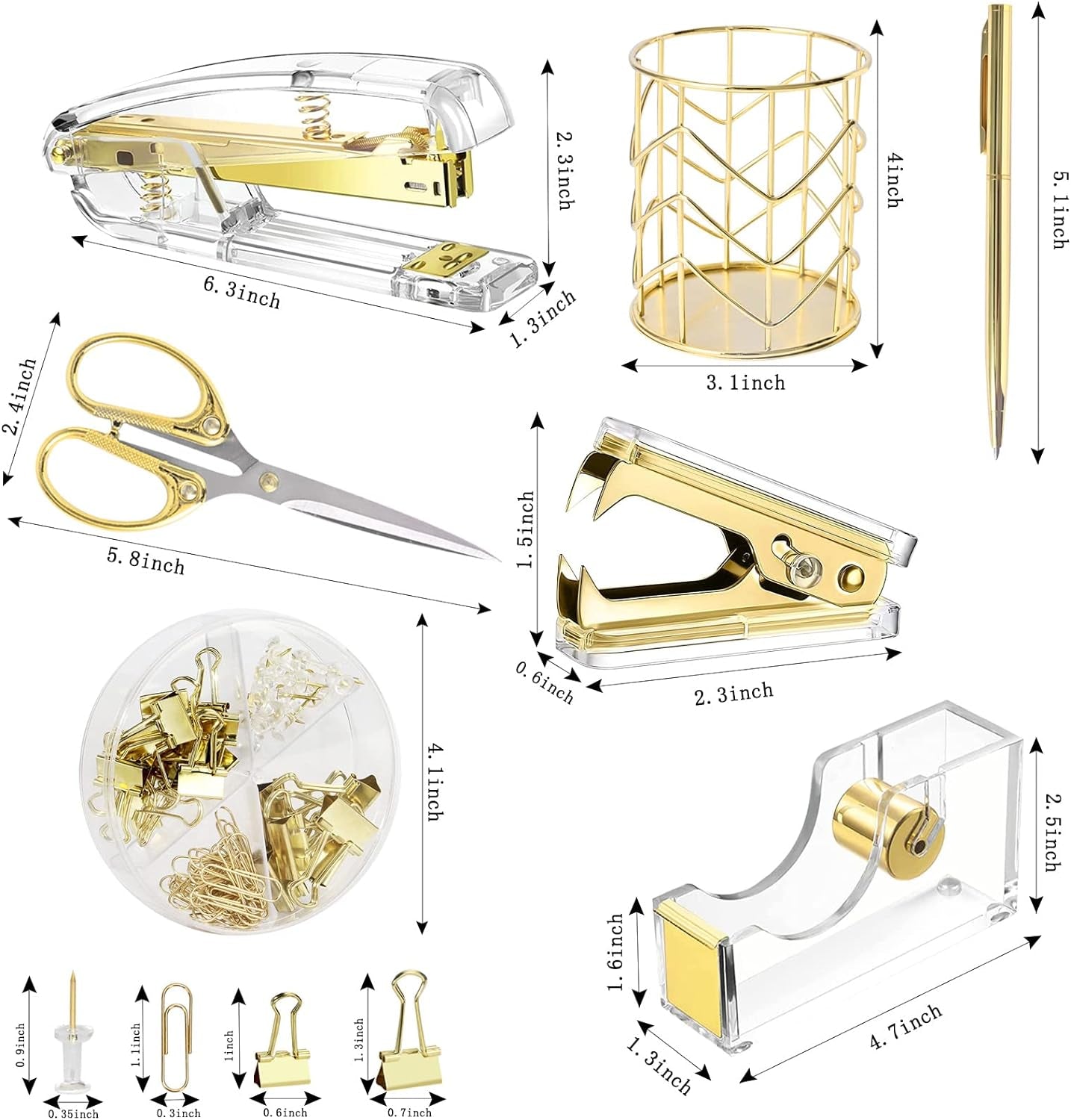 Gold Desk Accessories，Office Supplies Set Acrylic Stapler Set Staple Remover, Tape/Pen Holder, 2 Ballpoint Pen, Scissor, Binder/Paper Clips and 1000Pcs Staples.