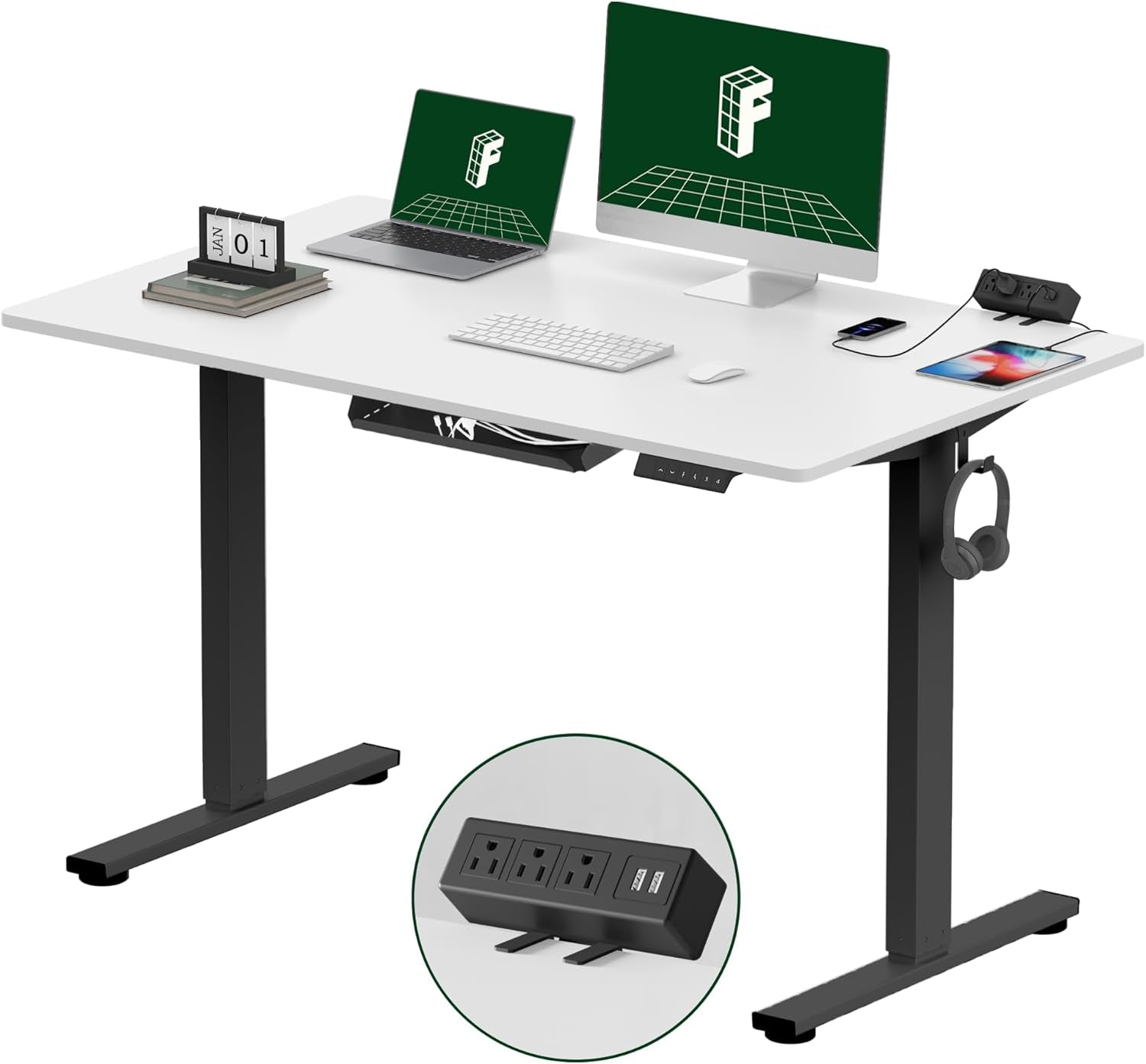 EN2 Whole-Piece Standing Desk with Clamp Power Strip, 48 X 30 Electric Stand up Height Adjustable Desk with Cable Management (Black Frame + 48" White Top, 2 Packages)