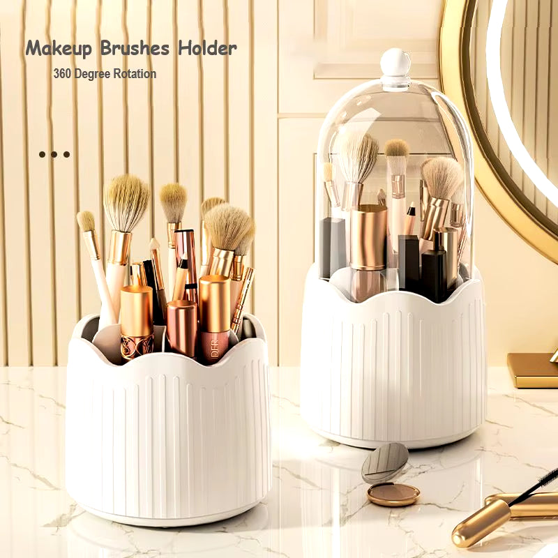 360 Degree Rotating Makeup Brush Holder Cosmetics Organizer with Lid for Vanity Multi-Functional Pen Holder Lipstick Storage Box