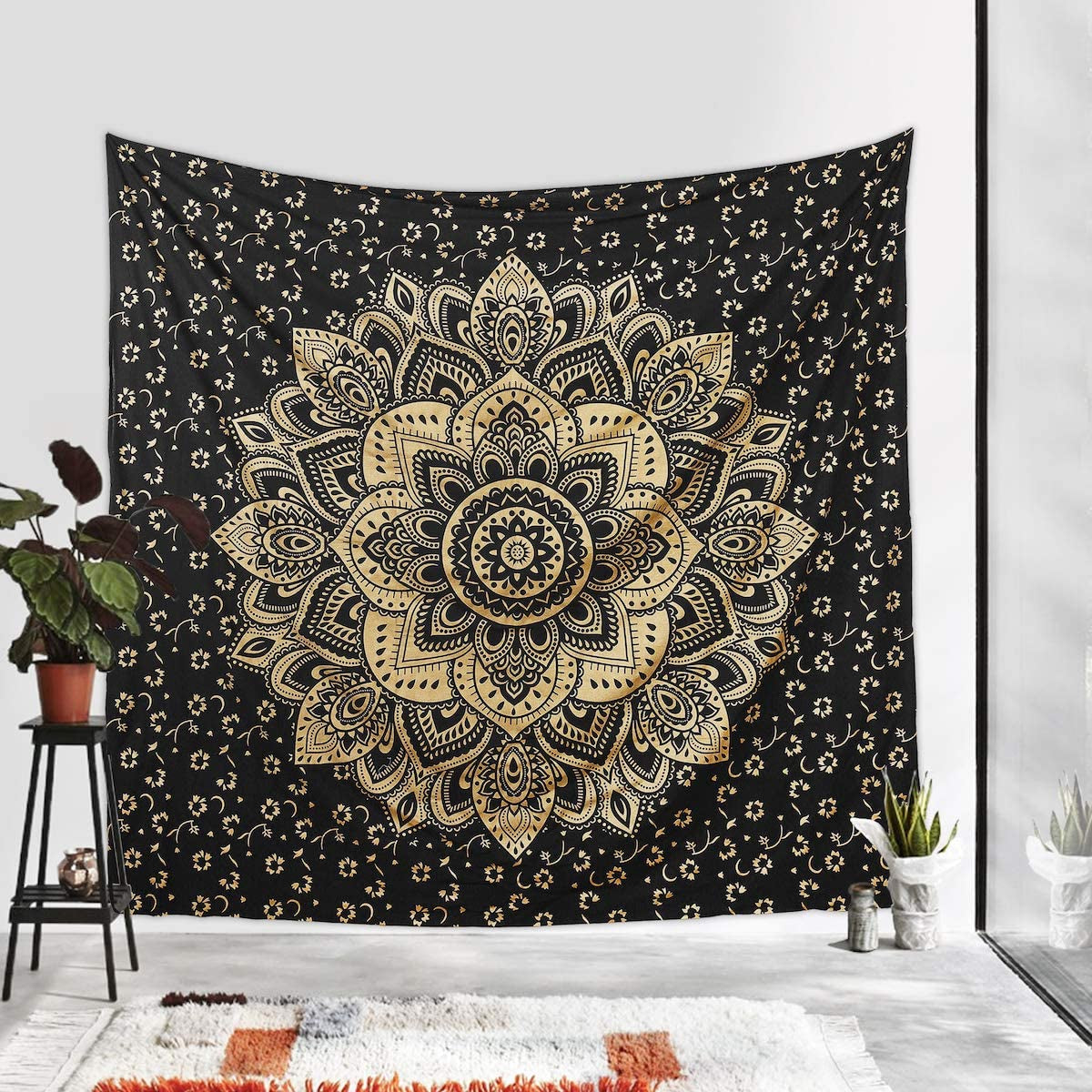 Mandala Tapestry Psychedelic Floral Medallion Hippie Small Tapestries Bohemian Wall Hanging Indian Traditional Design for Living Room Dorm Home Decor 54X60 Inches, Black