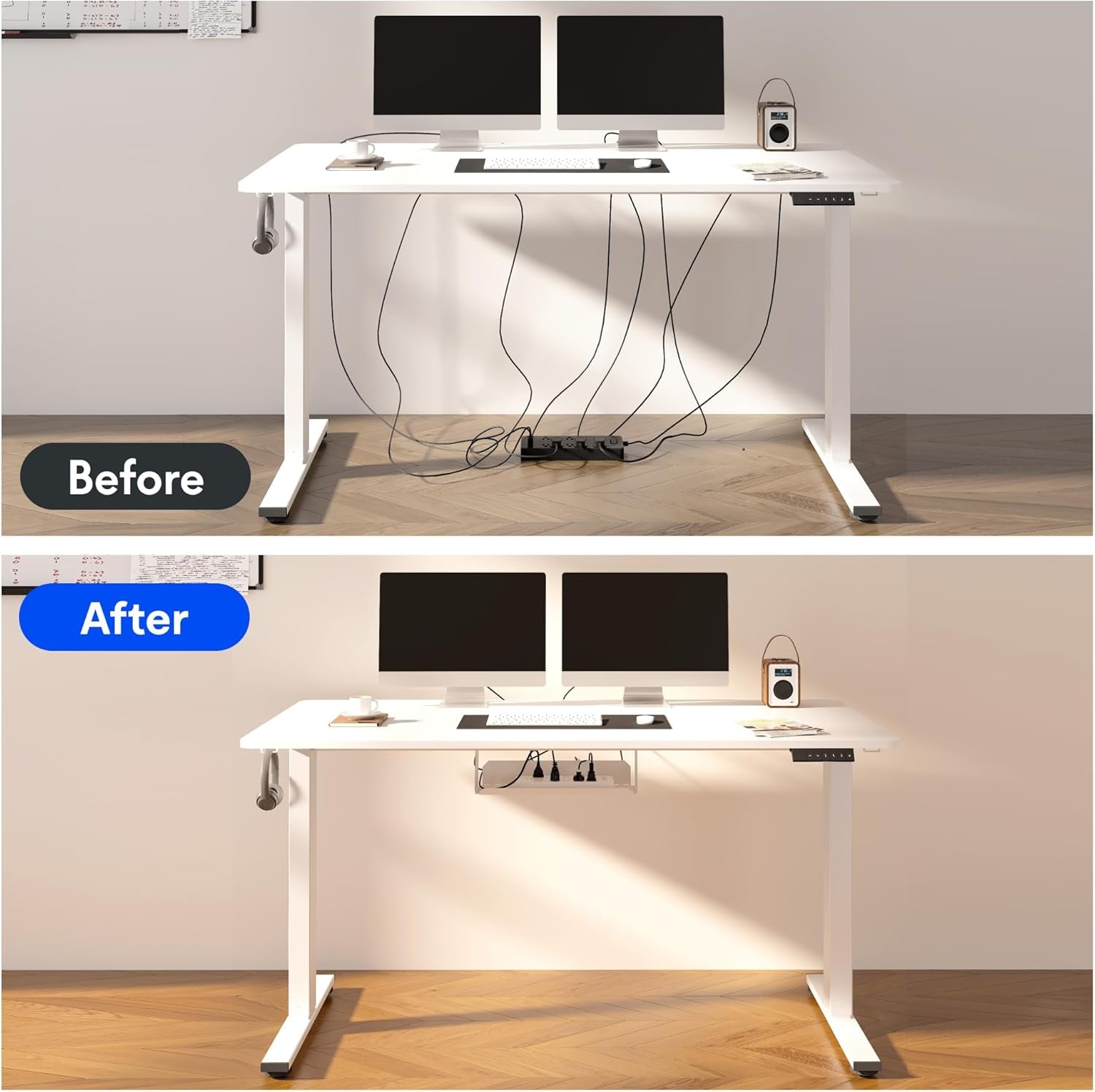 EN2 Whole-Piece Standing Desk with Clamp Power Strip, 48 X 30 Electric Stand up Height Adjustable Desk with Cable Management (Black Frame + 48" White Top, 2 Packages)