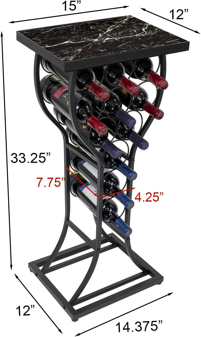 Wine Rack Console for Home Bar - Mini Wine Stand with Faux Black Marble Table Top - Durable Metal Freestanding Wine Storage Cabinet Shelf - Wine Racks Free Standing Floor Holds 11 Wine Bottles