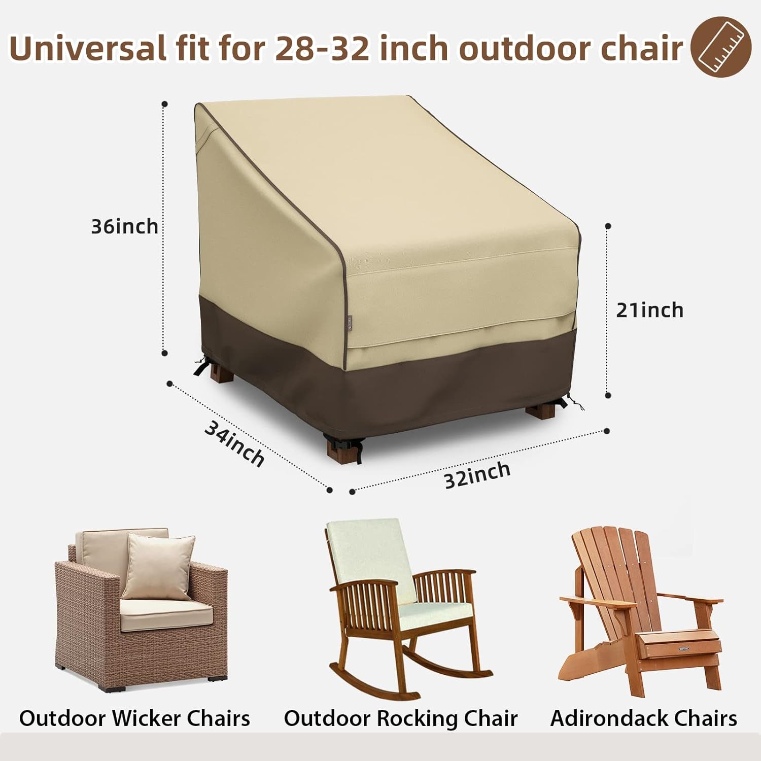 MR.COVER Outdoor Chair Covers Waterproof, 32-Inch Patio Furniture Covers for Lounge Deep Seat, Large Air Vents, Uv-Resistant & Heavy Duty Material, Brown & Khaki, 2-Pack