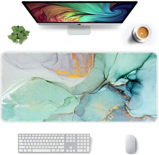 Extended Mouse Pad, XXL Gaming Mouse Pads, Large Big Mousepad Laptop Computer Keyboard Mat Desk Pad with Non-Slip Base Stitched Edge for Gaming Office, 35.5 X 15.7 Inch, Green Marble