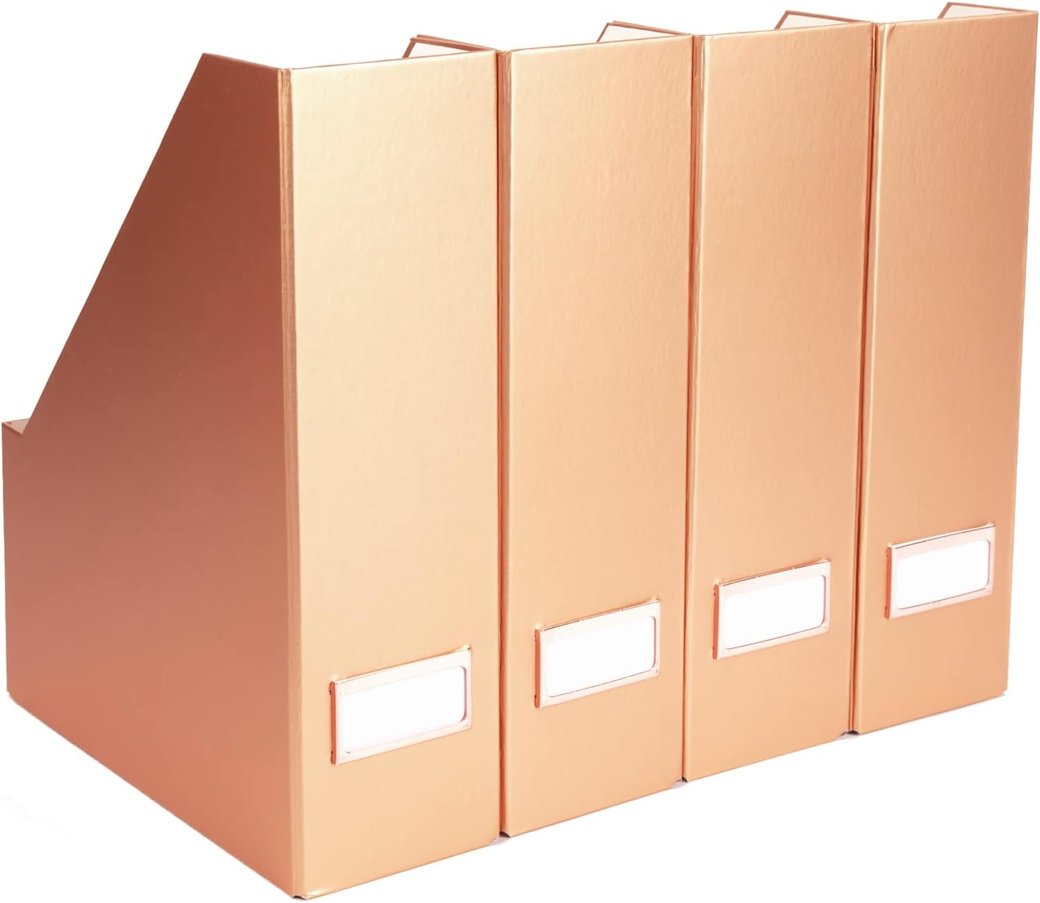 Set of 4 Foldable Magazine File Boxes with Rose Gold Label Holders - Stylish Rose Gold Magazine Storage for Desk, Shelves, and Closets - Magazine Holders and Office Décor for Work or Home