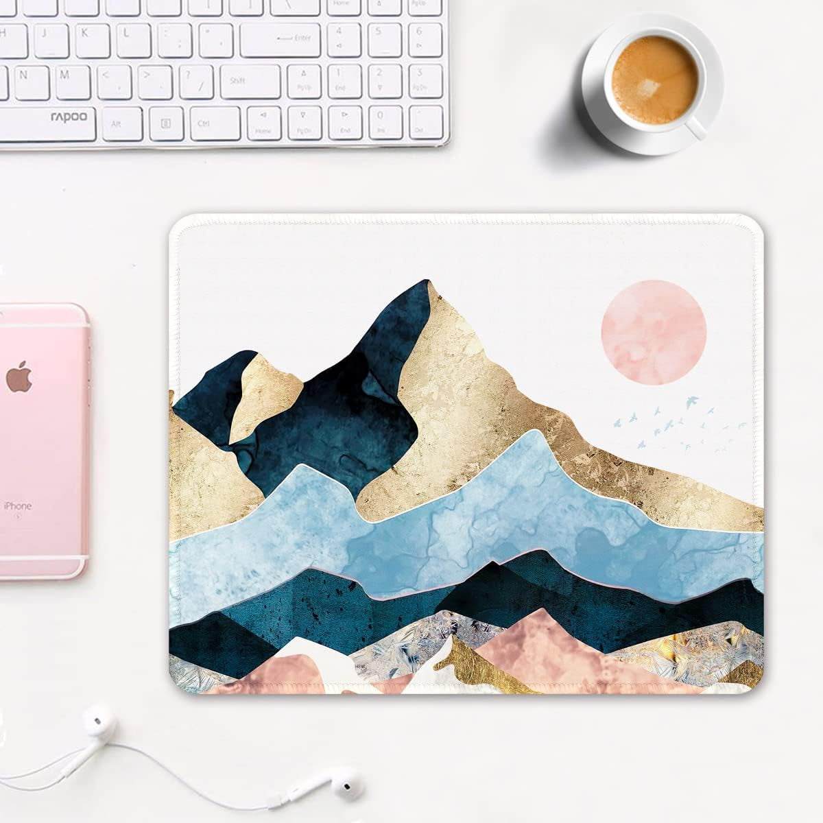 Mouse Pad, Square Sunset Anti-Slip Rubber Mousepad with Durable Stitched Edges for Gaming Work Office Laptop Computer Women Men Kids, Cute Custom Pattern, Watercolor Painting Sunset Design