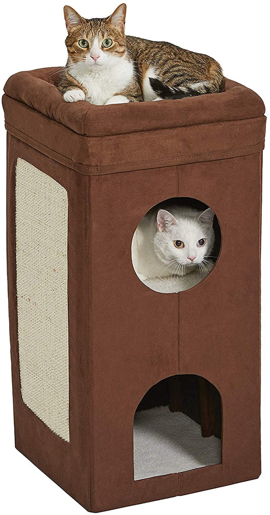 Cat Condo | Tri-Level Design in Brown Faux Suede & Synthetic Sheepskin | 14.6L X 14.72W X 30.39H Inches