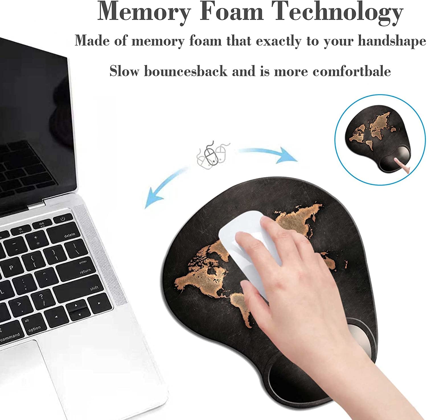 Mouse Pad Wrist Support,Mousepad with Wrist Rest,Gaming Mouse Pad with Non-Slip PU Base for Computer Desk Accessories Black World Map Ergonomic Mouse Pad